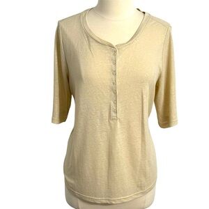 Gap Linen Tee Short Sleeve Pull-Over Button Front, Anchorage Cream and Metallic